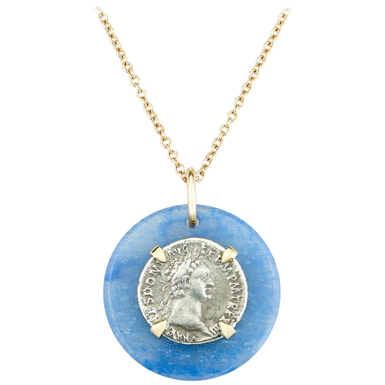 Dubini Domiciano Antigua Moneda de Plata Medallón de Cuarzo Azul Collar de Oro de 18K