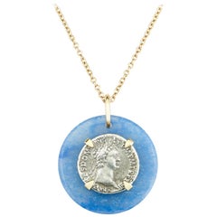 Dubini Domitian Ancient Silver Coin Blue Quartz Medallion 18K Gold Necklace