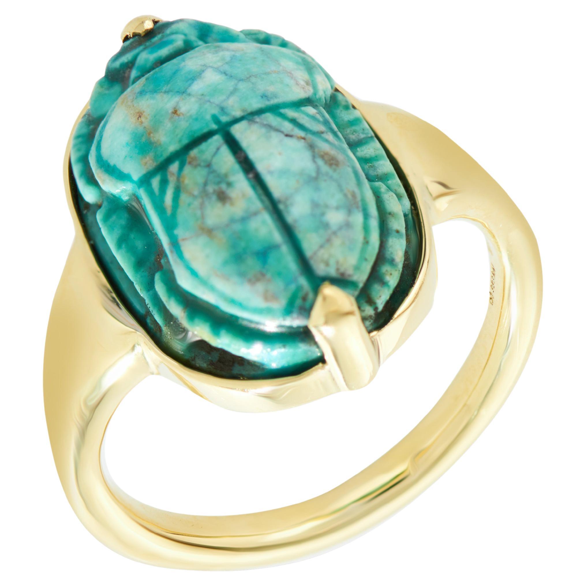 Dubini Egyptian Scarab Faience Ancient 18 Karat Yellow Gold Ring For Sale