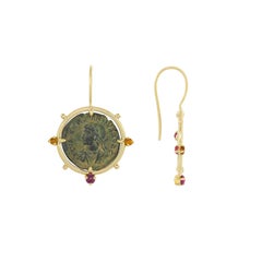 Dubini Empires Ancient Bronze Coin 18 Karat Yellow Gold Citrine Ruby Earrings