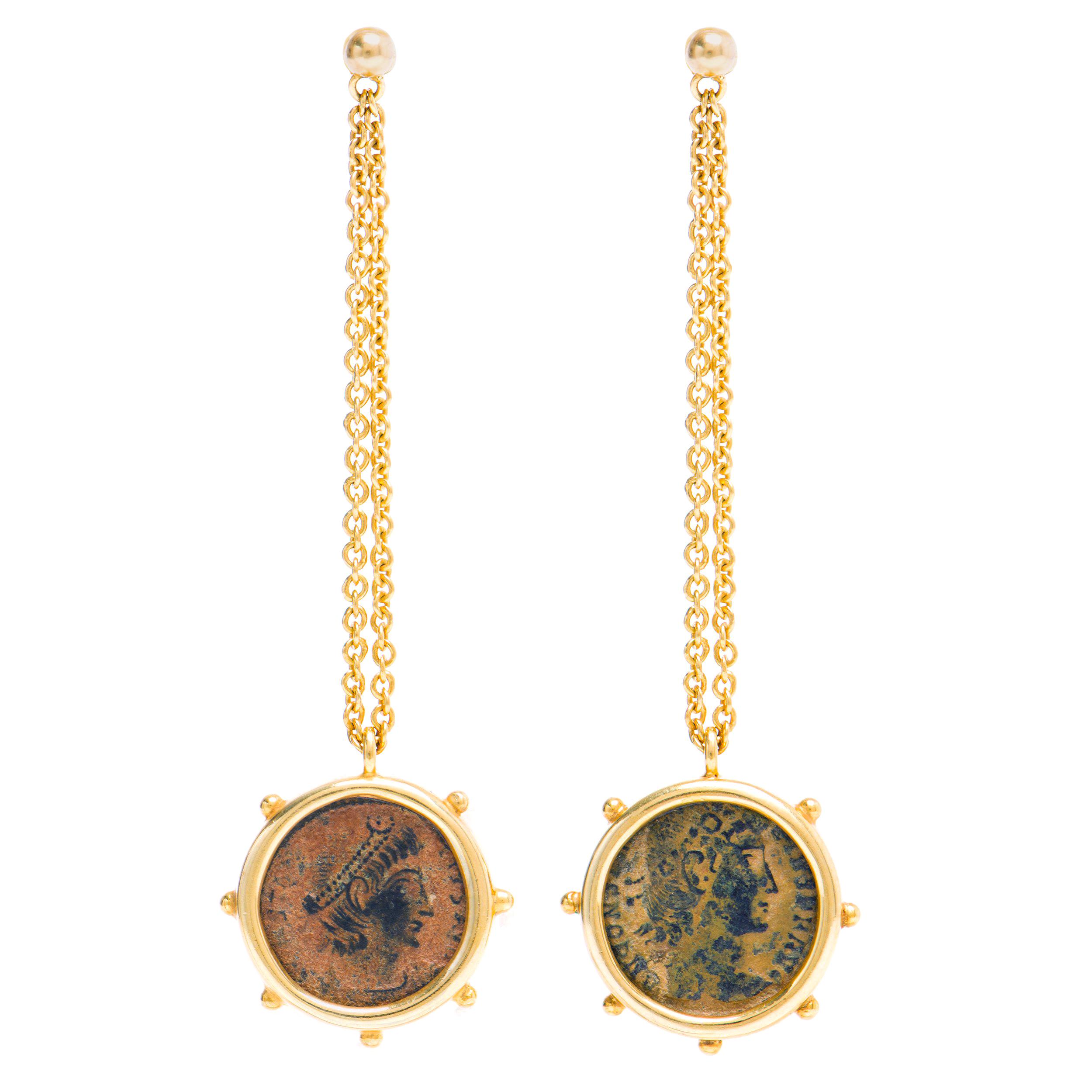 Pendientes Dubini Imperios Antigua Moneda de Bronce Oro Amarillo 18 Kilates