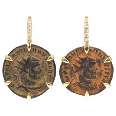 Orecchini Dubini Impero Antico Monete di Bronzo Diamante Oro Giallo 18 Karati