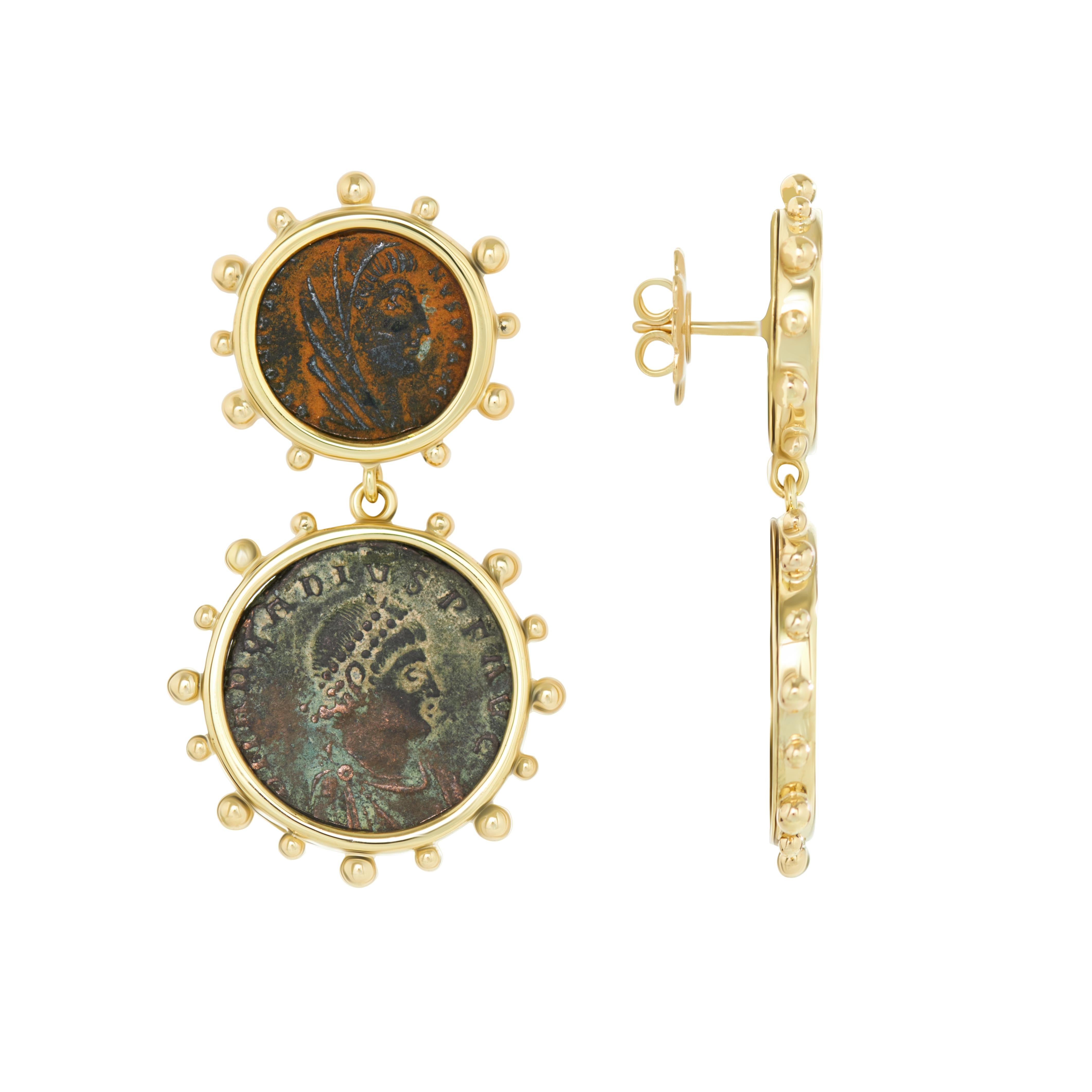 These Dubini coin earrings from the 'Empires' collection feature authentic Roman Imperial bronze coins set in 18K yellow gold.

ABOUT THE COINS

Patina is that beautiful and brilliant kind of time-created varnish, of a green or brownish colour,
