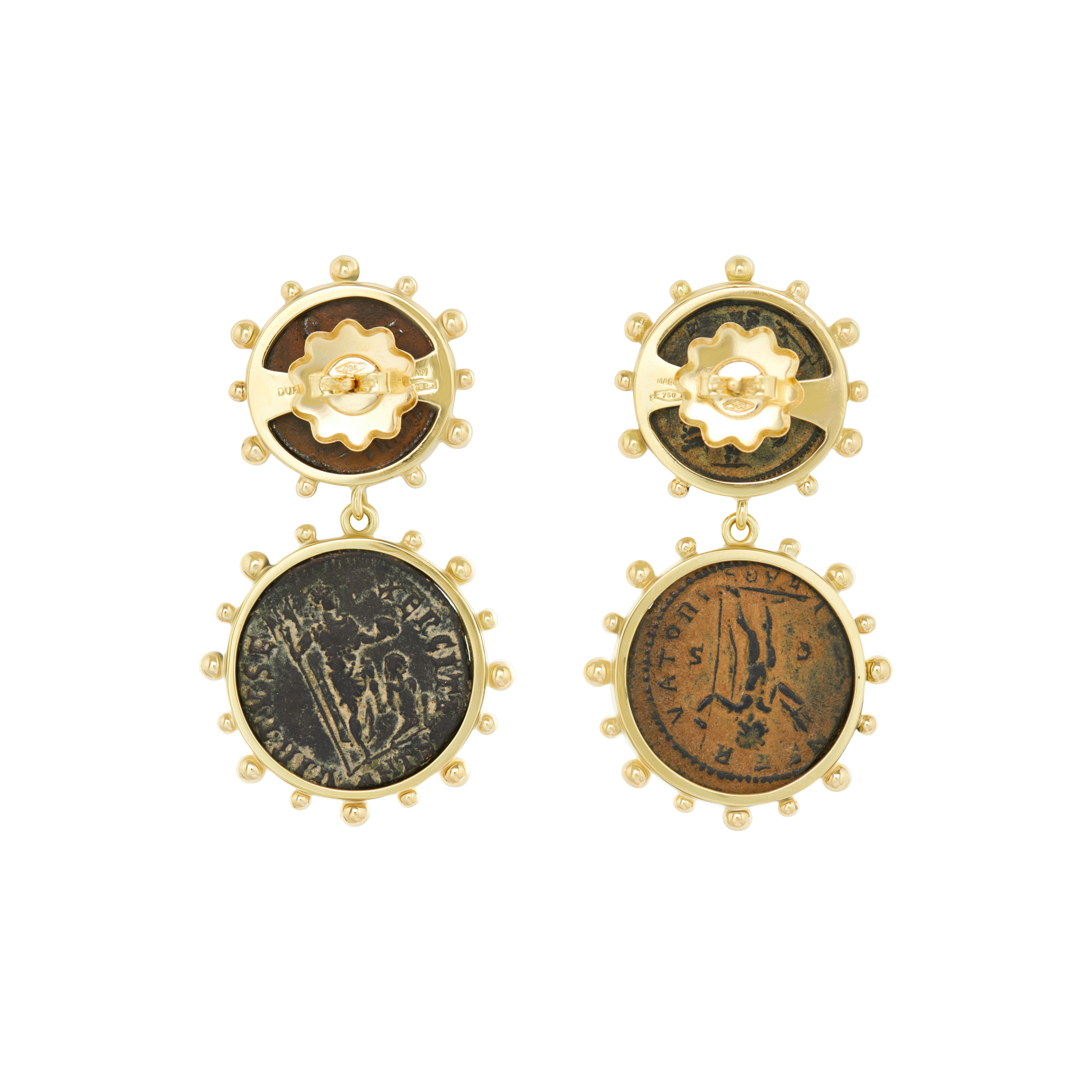 Classical Roman Dubini Empress Double Ancient Bronze Coin 18 Karat Yellow Gold Earrings For Sale