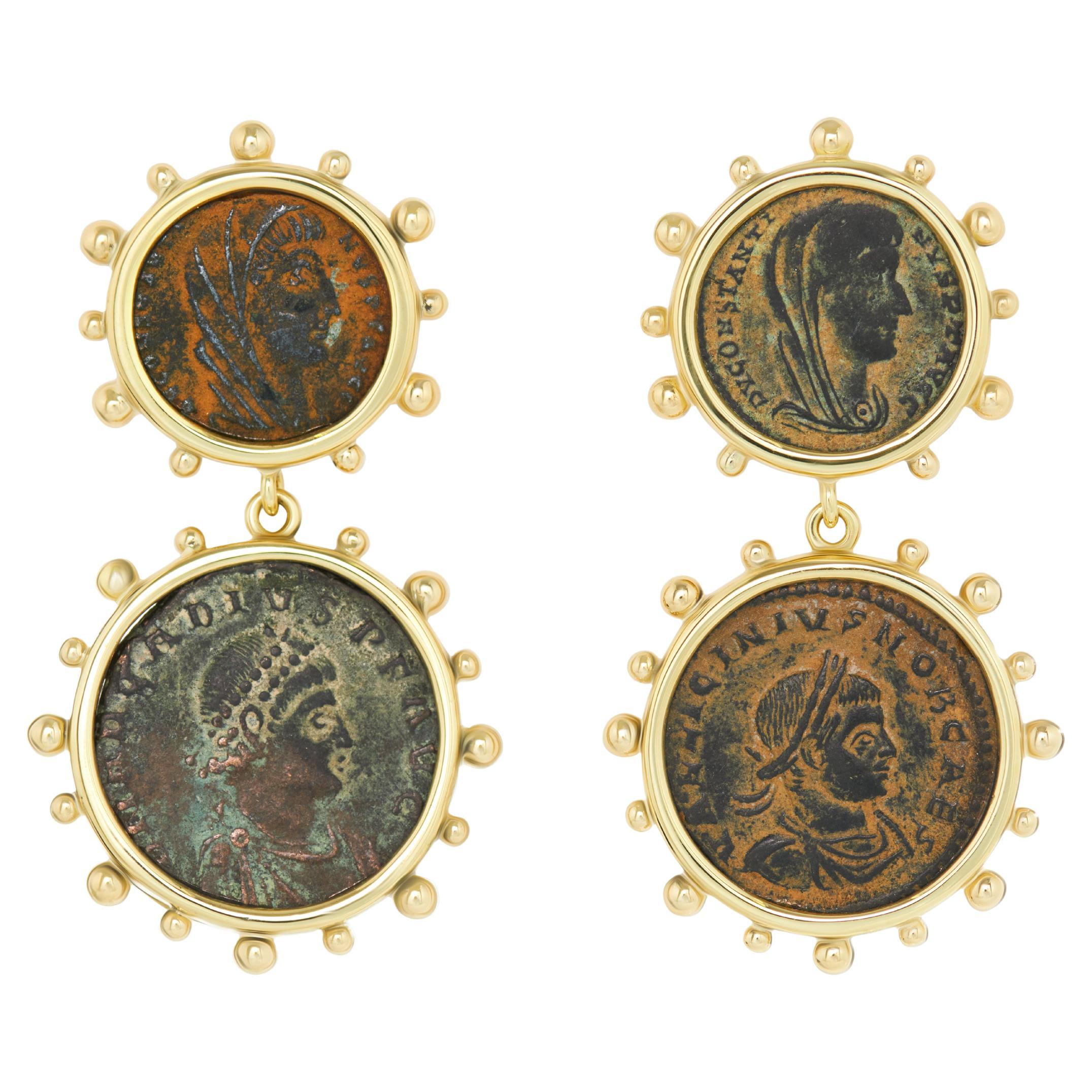 Boucles d'oreilles Dubini Empress Double Pièce de Bronze Ancienne Or Jaune 18 carats en vente