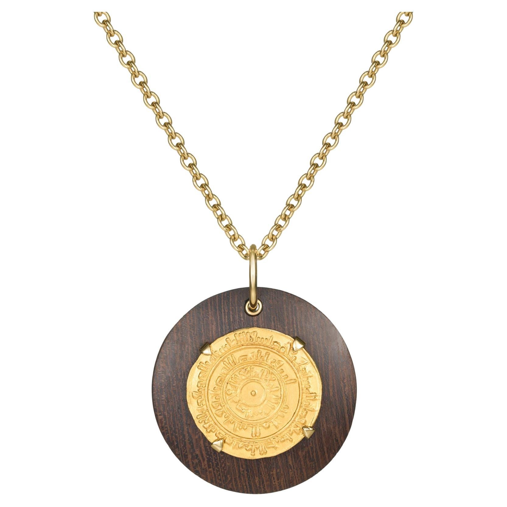 Dubini Fatimid Ancient Dinar Coin Wood Medallion 18 Karat Yellow Gold Necklace For Sale