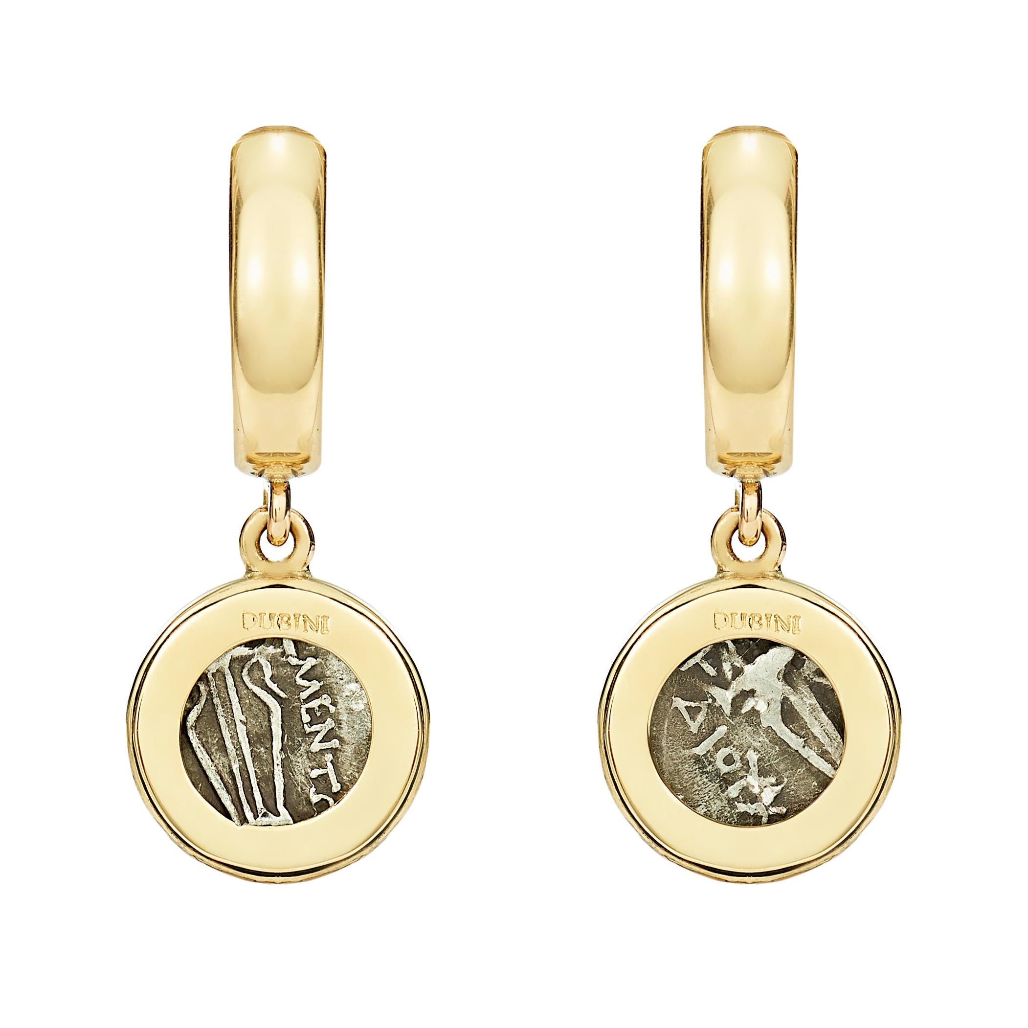 These Dubini coin earrings from the 'Empires' collection feature authentic Ionian coins minted circa 320-294 B.C. set in 18K yellow gold.

HISTORY

The Griffin is a legendary creature with the head and wings of an eagle, and the body of a lion. As