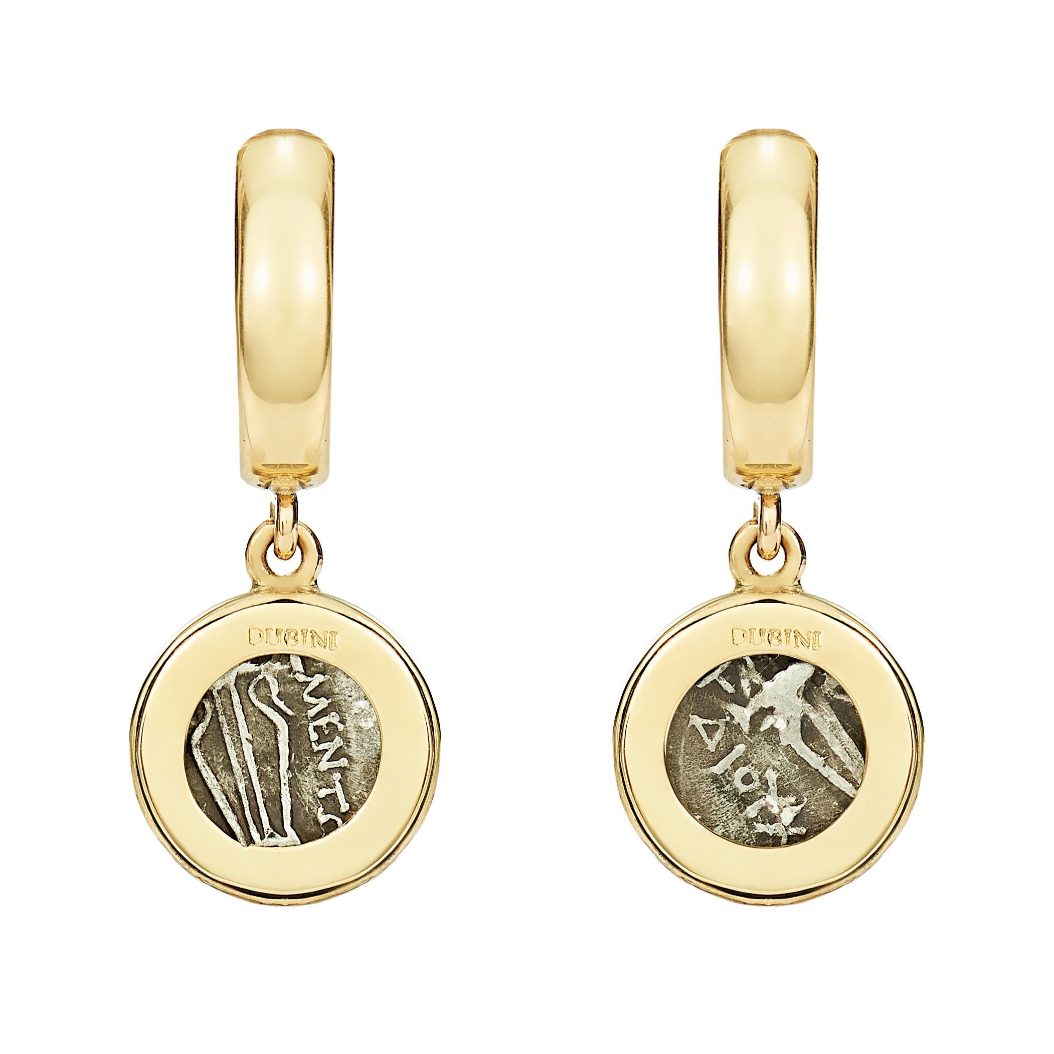 These Dubini coin earrings from the 'Empires' collection feature authentic Ionian coins minted circa 320-294 B.C. set in 18K yellow gold.

HISTORY

The griffin, a mythical creature with the body of a lion and the head and wings of an eagle, is