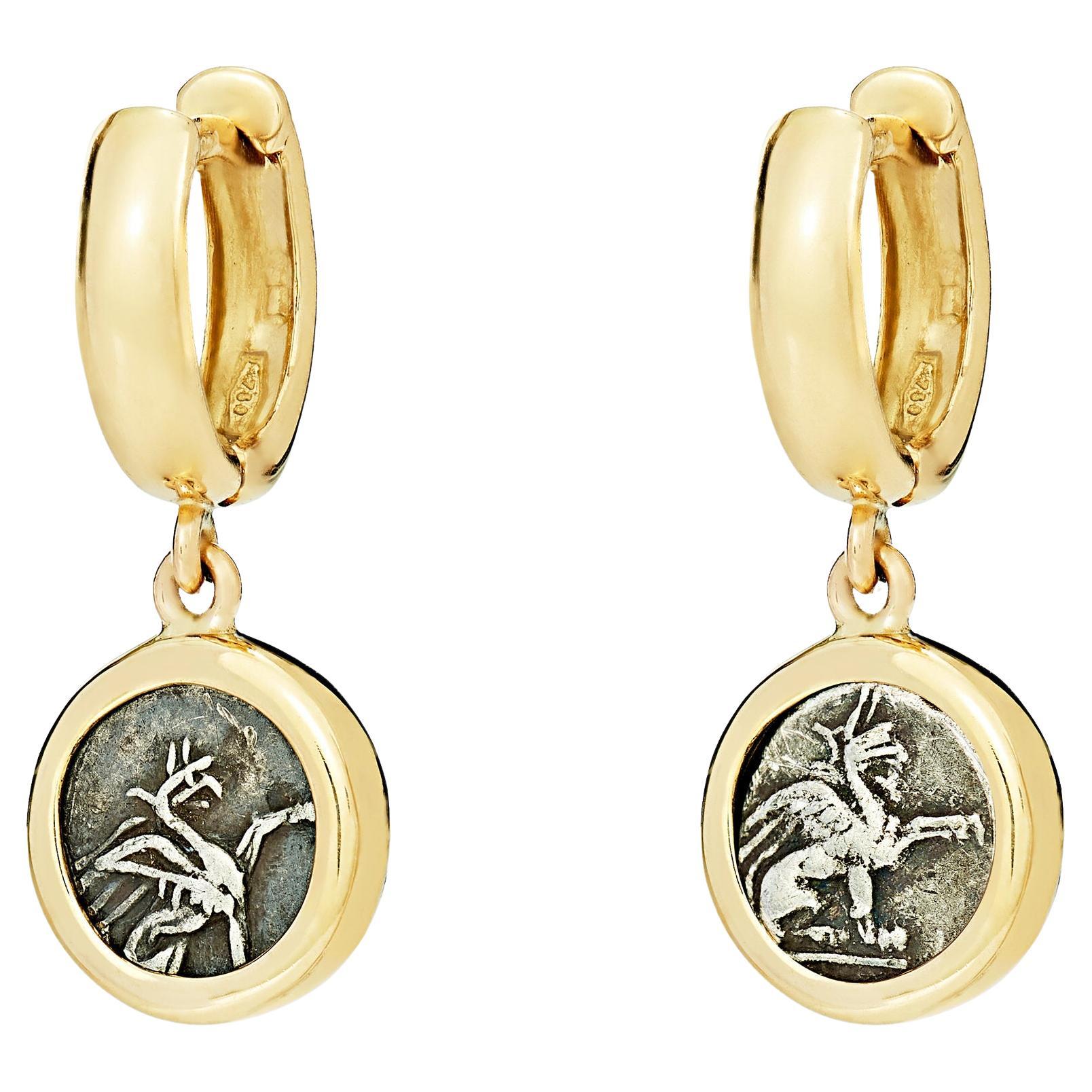 Dubini Griffin Ancient Silver Coin 18K Gold Hoop Earrings For Sale