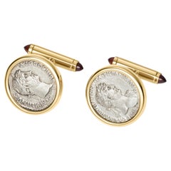 Dubini Hadrian Roman Ancient Silver Denarius Coin Garnet 18k Gold Cufflinks