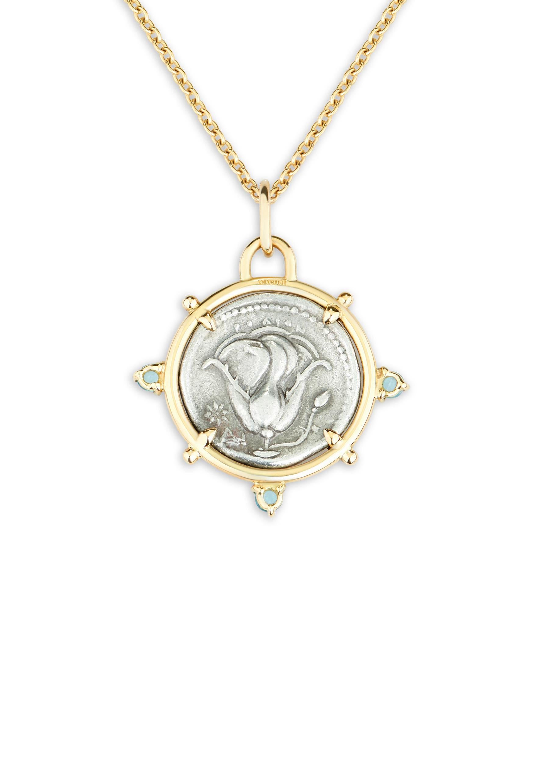 Classical Greek Dubini Helios Ancient Silver Coin Pendant Aquamarine 18 K Yellow Gold Necklace For Sale