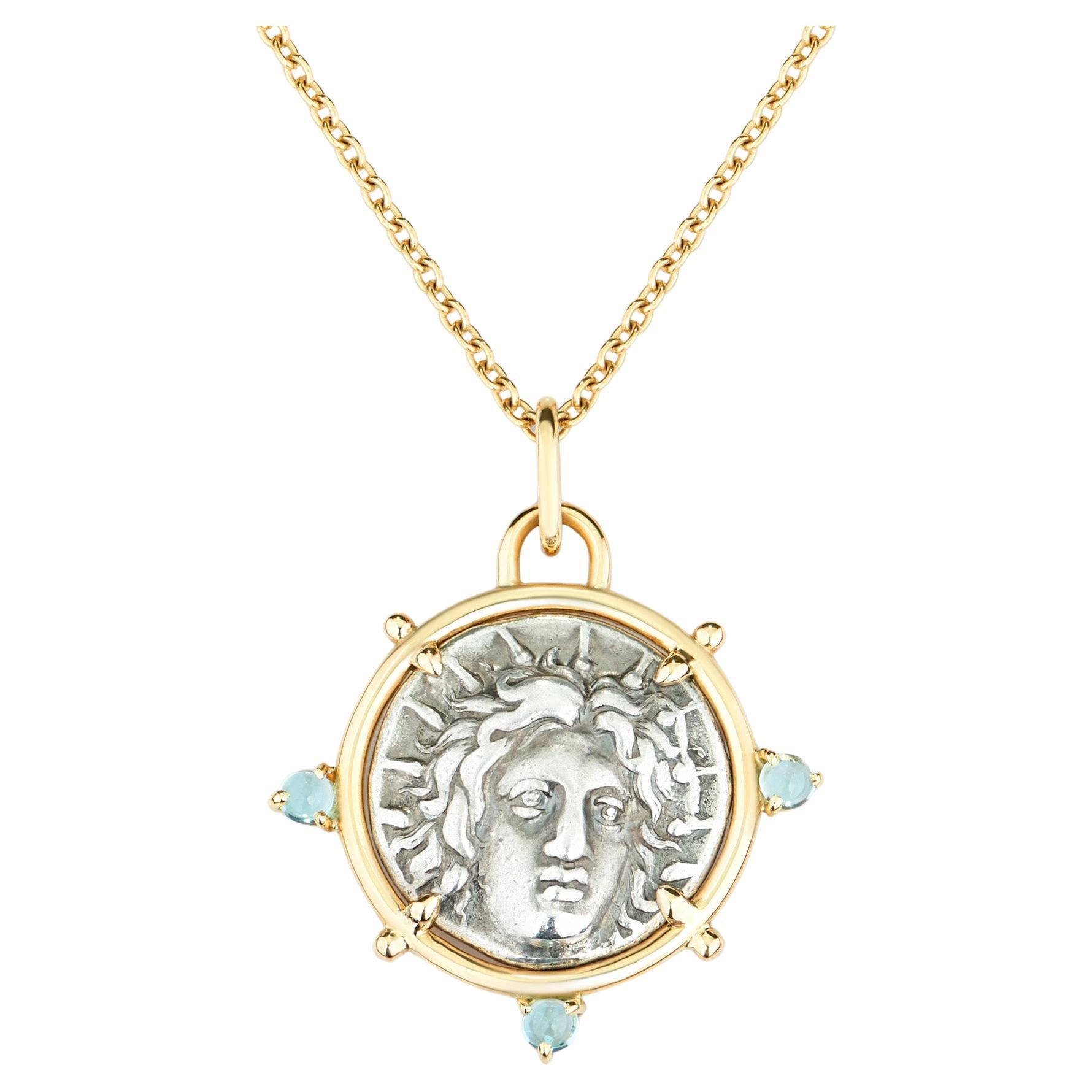 Dubini Helios Ancient Silver Coin Pendant Aquamarine 18 K Yellow Gold Necklace