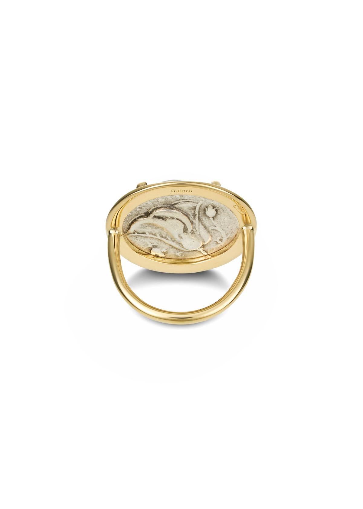 Classical Greek Dubini Helios Sun God Ancient Silver Coin 18 K Yellow Gold Ring For Sale