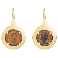 Dubini Imperial Roman Ancient Bronze Patina Coin 18 K Yellow Gold Drop Earrings