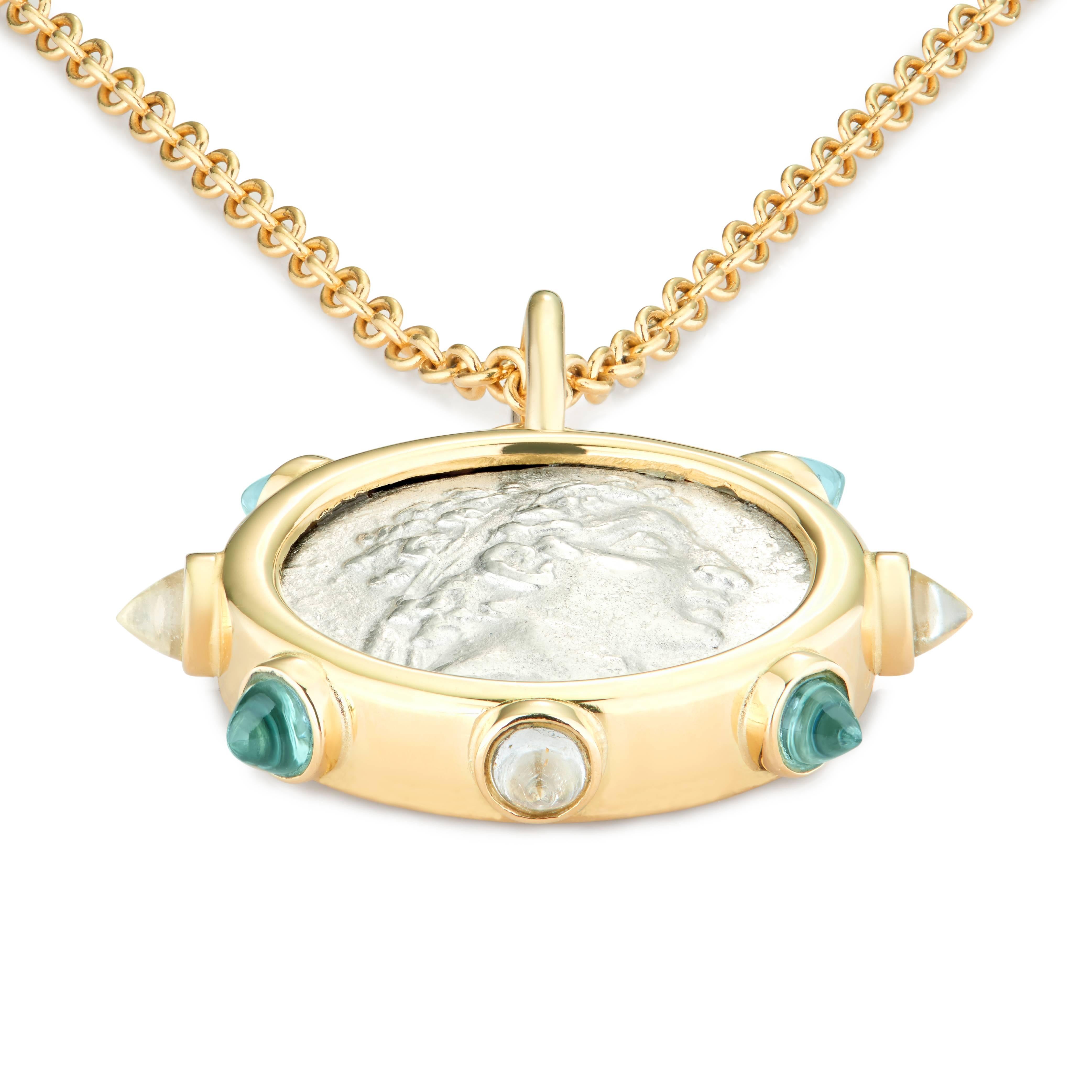 Classical Greek Dubini King of Cappadocia Silver Coin Pendant Topaz 18 Karat Gold Necklace For Sale