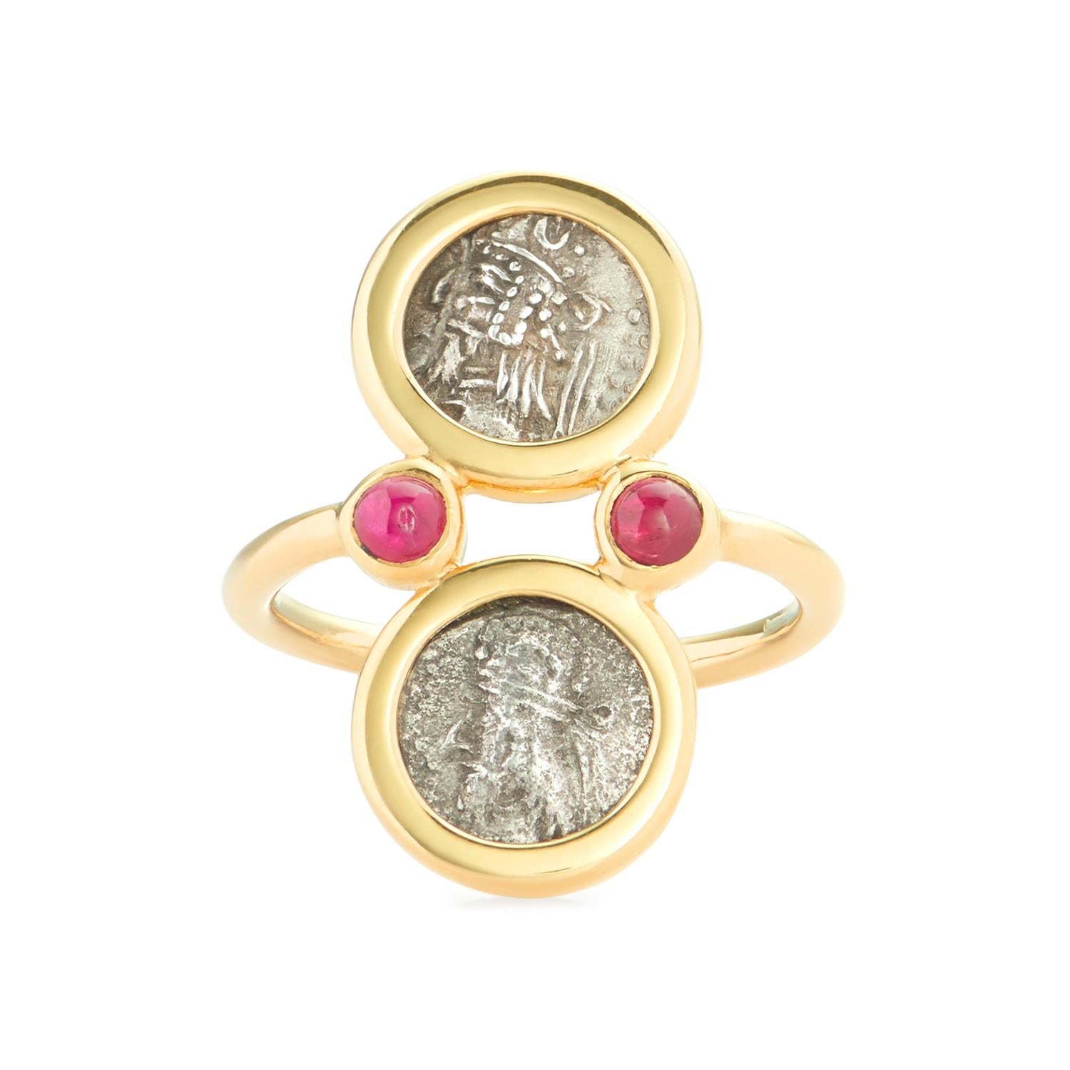 This DUBINI coin ring from the 'Empires' collection features authentic Persepolis coins minted circa 1st Century B.C. set in 18K yellow gold with ruby cabochons.

The ring is size EU 52 and can be resized with with a lead time of 1 week.

* Due to