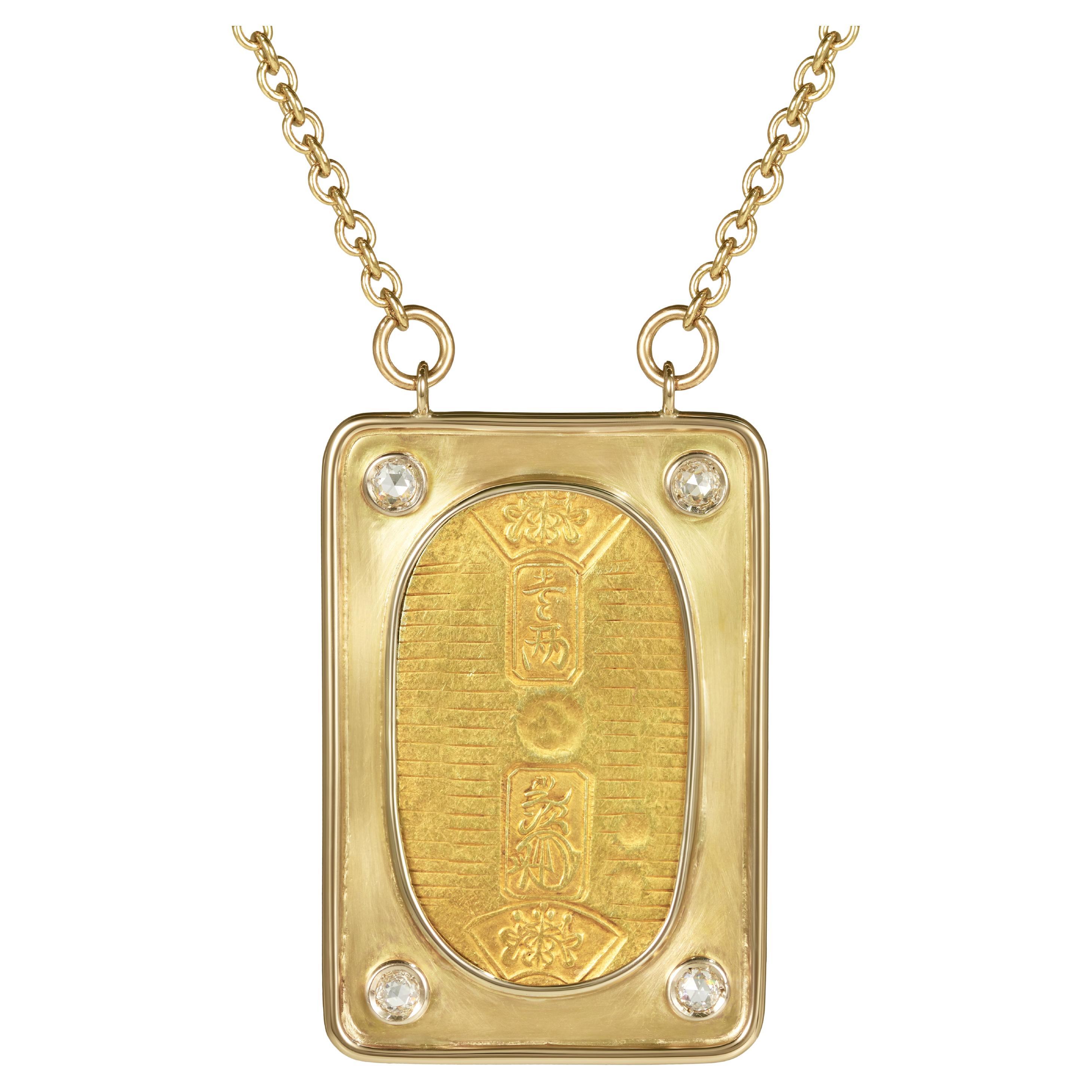 Dubini Koban Ancient Japanese Coin Medallion Gold Diamond Necklace For Sale