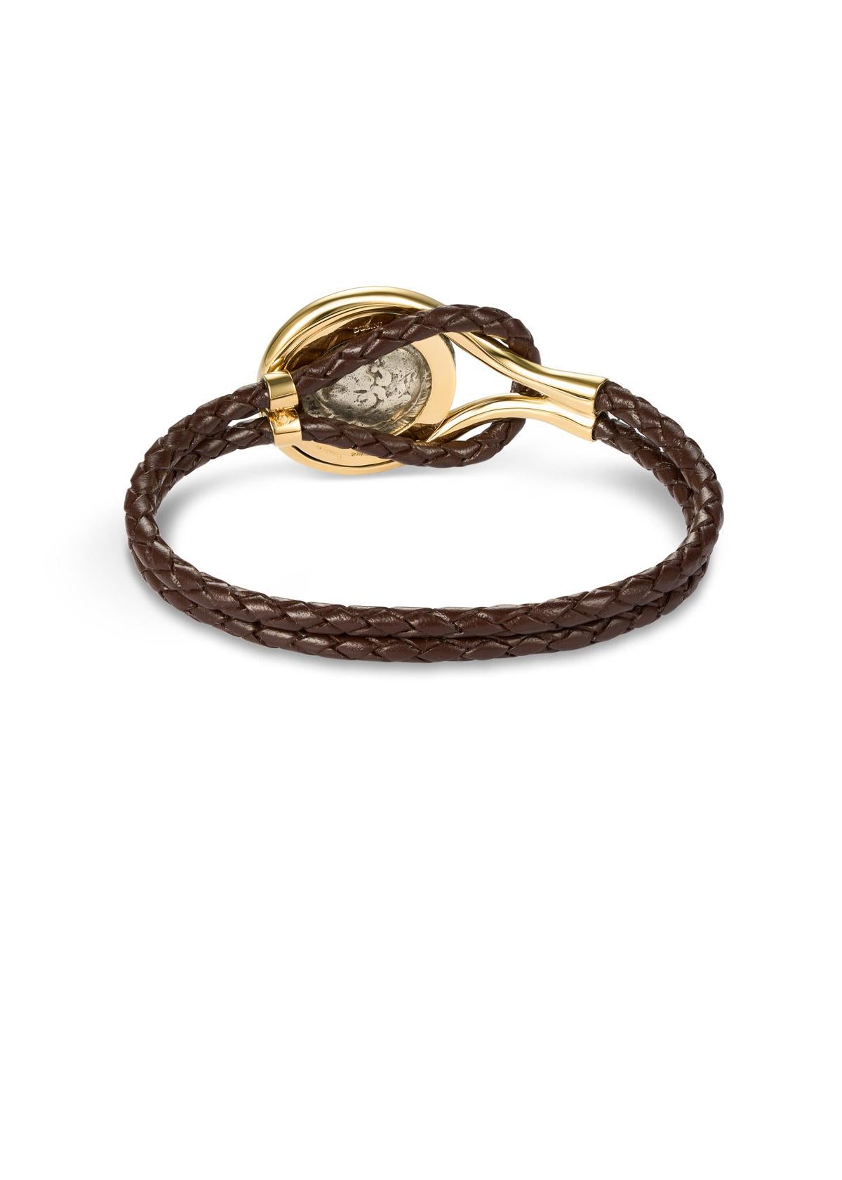 Dubini Löwe Antike Münze 18 Karat Gelbgold Kalbsleder geflochtenes Armband (Zeitgenössisch) im Angebot