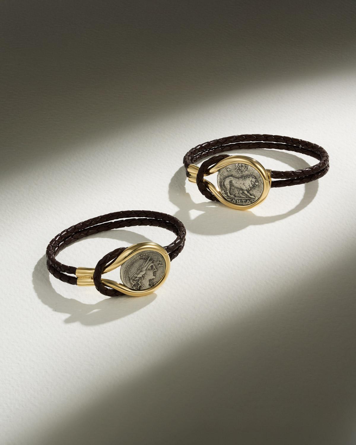 Dubini Löwe Antike Münze 18 Karat Gelbgold Kalbsleder geflochtenes Armband im Zustand „Neu“ im Angebot in London, GB