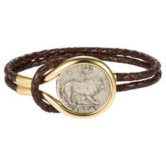 Dubini Lion Ancient Coin 18 Karat Yellow Gold Calfskin Braided Bracelet