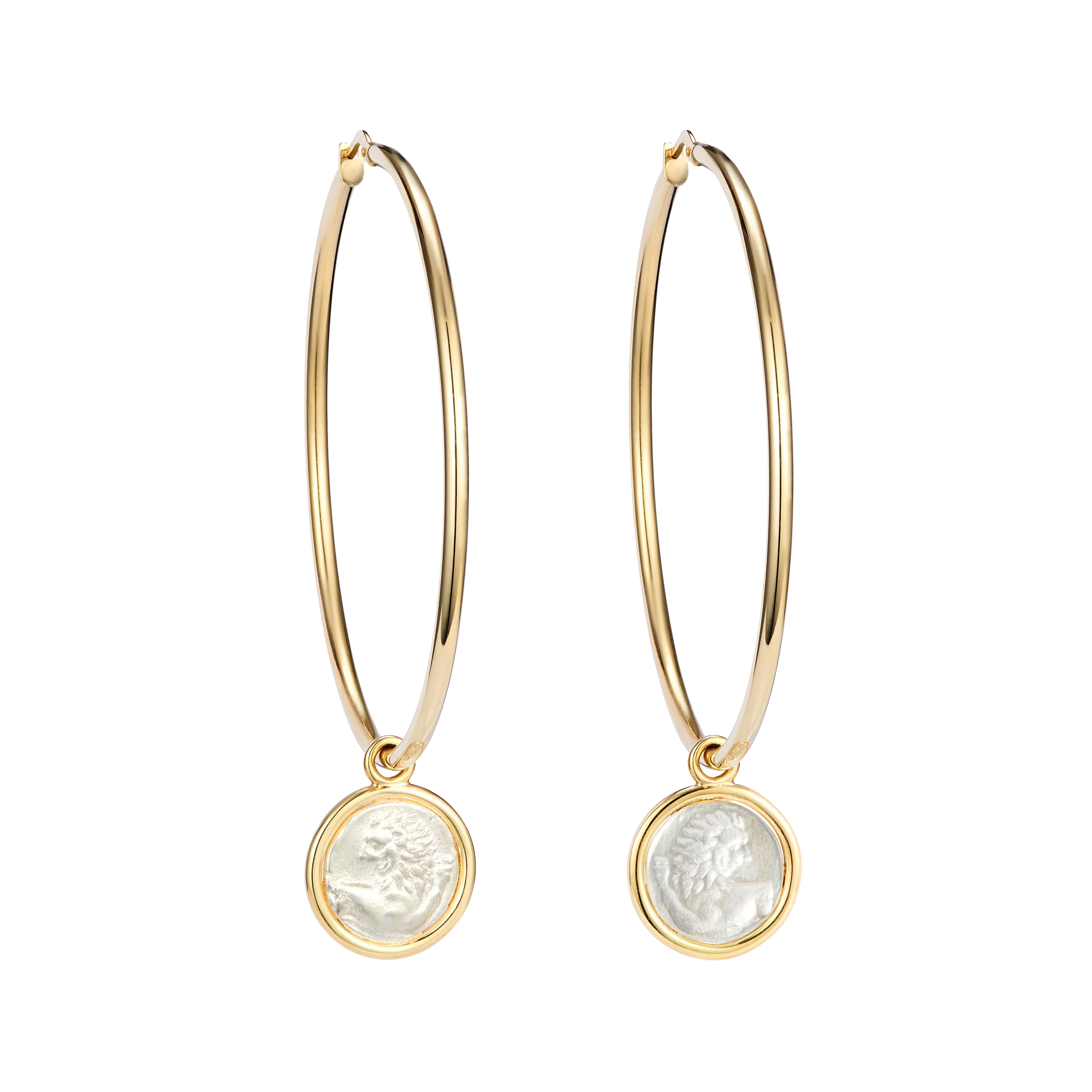 These Dubini coin hoop earrings from the 'Empires' collection feature sterling silver replicas of Thracian silver coin minted circa 4th century B.C. set in 18kt yellow gold.

Chersonesos was founded in the 8th Century B.C. by settlers from Thrace.