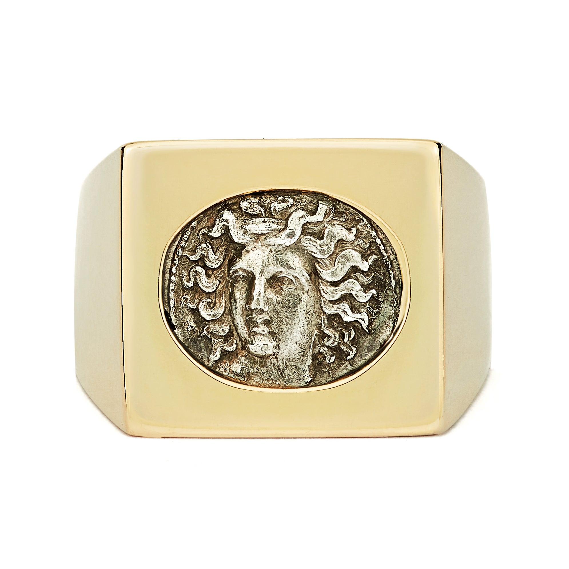 For Sale:  Dubini Nymph Larissa Ancient Silver Coin 18 Karat Yellow Gold Signet Ring 2