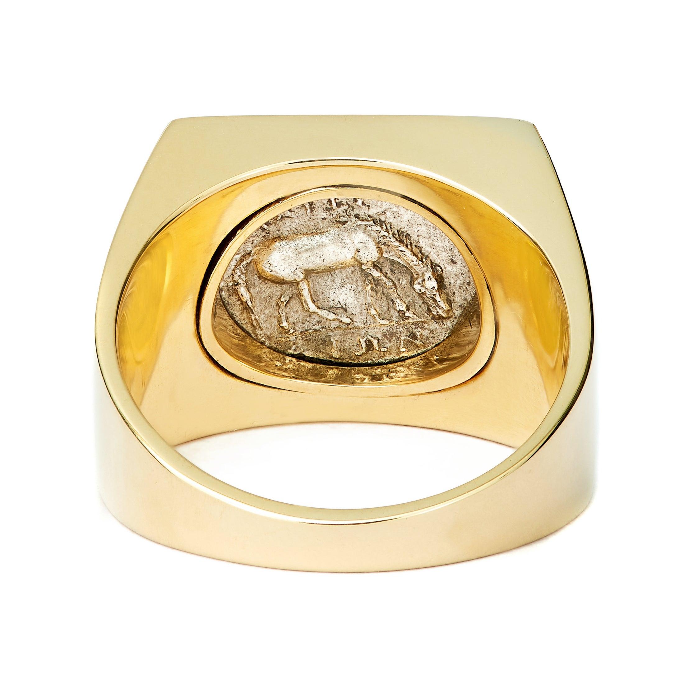For Sale:  Dubini Nymph Larissa Ancient Silver Coin 18 Karat Yellow Gold Signet Ring 3