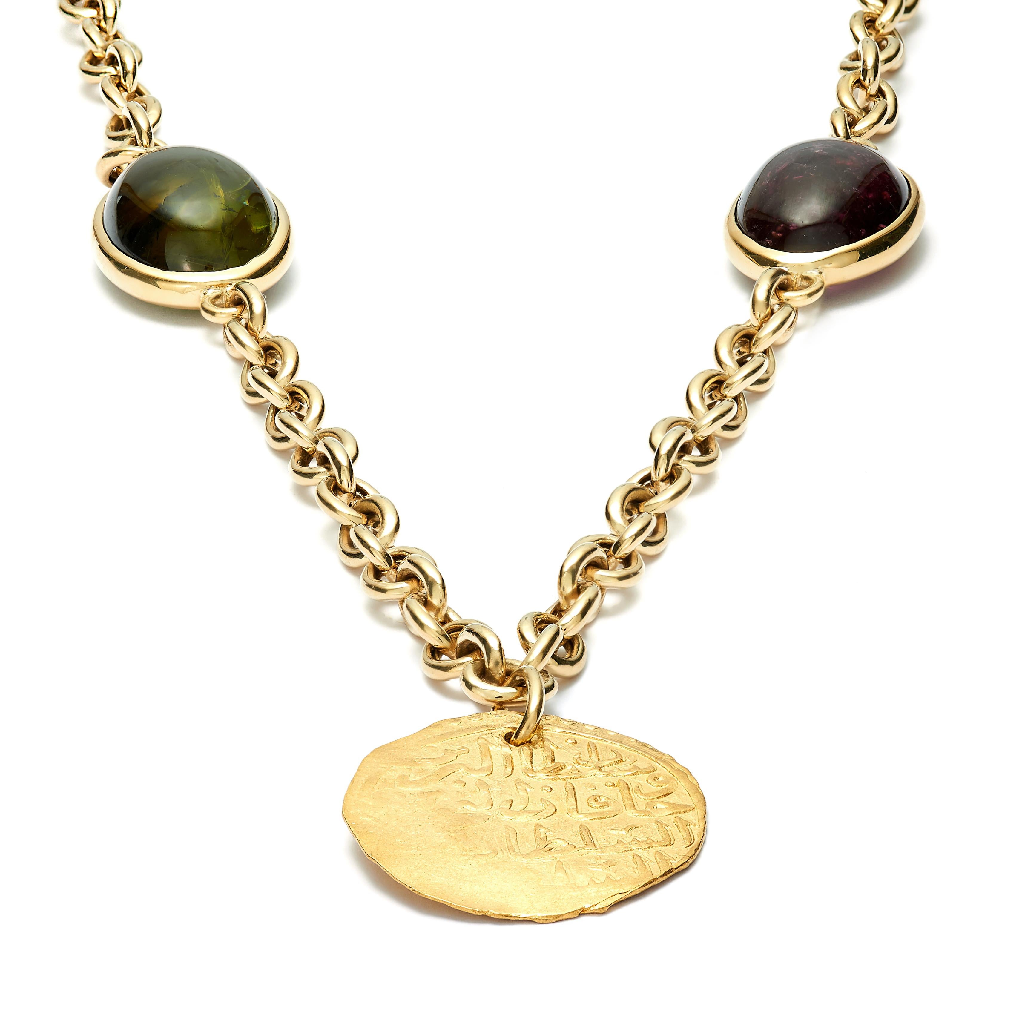 This DUBINI coin necklace from the 'Empires' collection features authentic coins from the Ottoman Empire of Mehmet IV (AH 1058-1099 / AD 1648-1687) AV Sultani, set in 18kt yellow gold with tourmaline and citrine cabochons.

DEPICTED ON THE