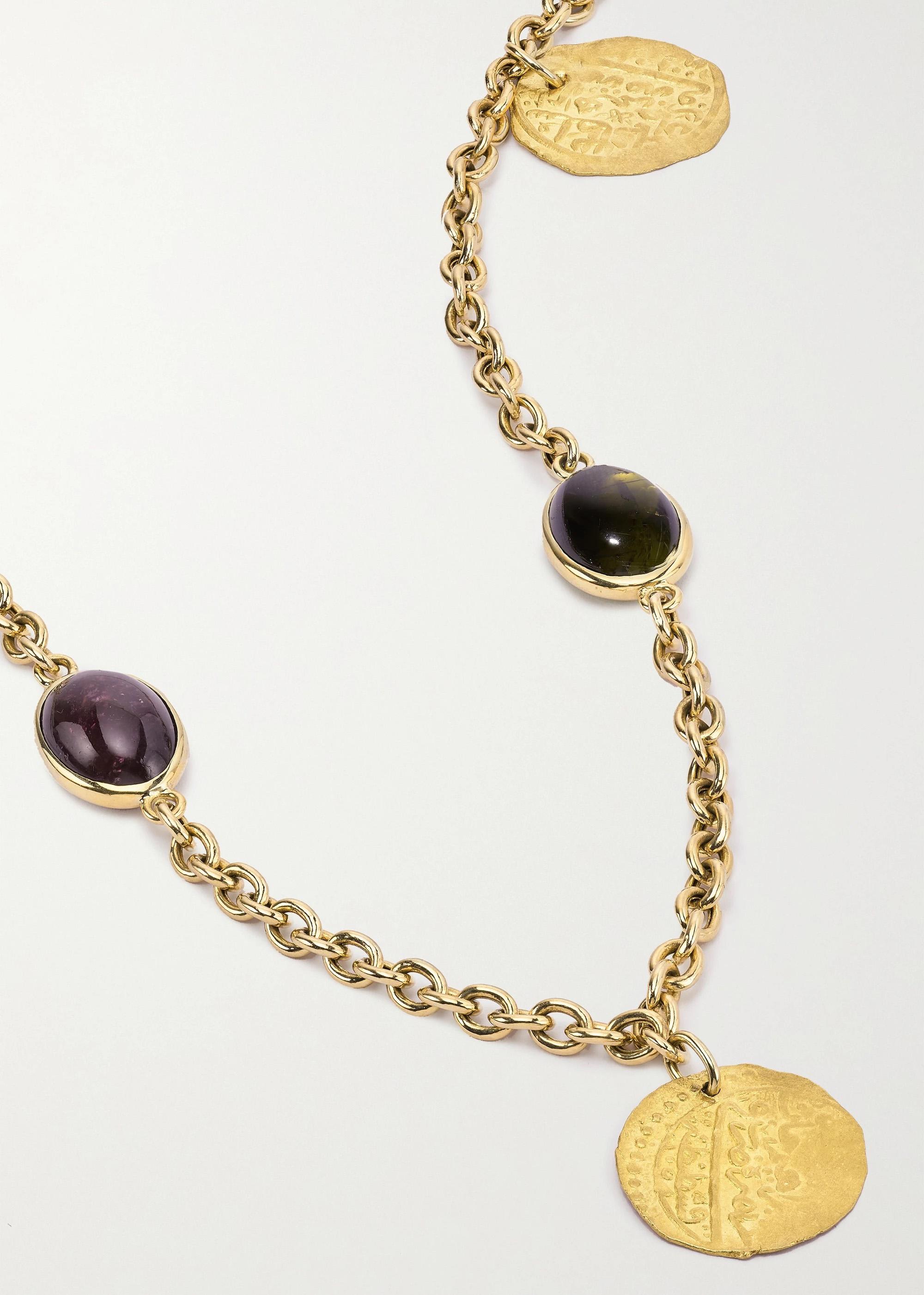 Romano classico Dubini Moneta dell'Impero Ottomano Collana lunga in oro 18 carati con tormalina cabochon A. Stone in vendita