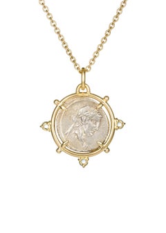 Dubini Pegasus Ancient Silver Coin Pendant Aquamarine 18 K Yellow Gold Necklace
