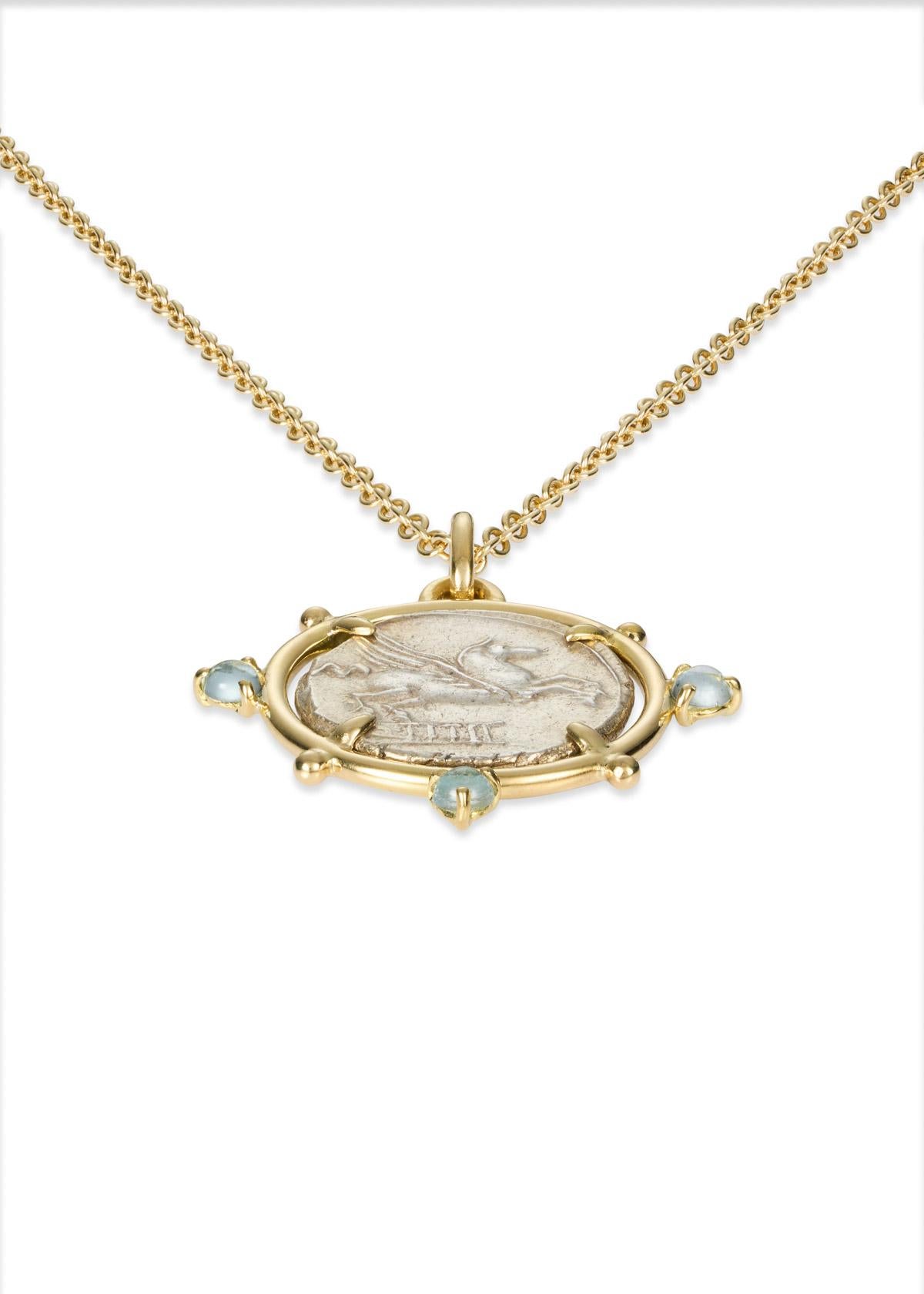 Classical Roman Dubini Pegasus Ancient Silver Coin Pendant Aquamarine 18 K Yellow Gold Necklace For Sale