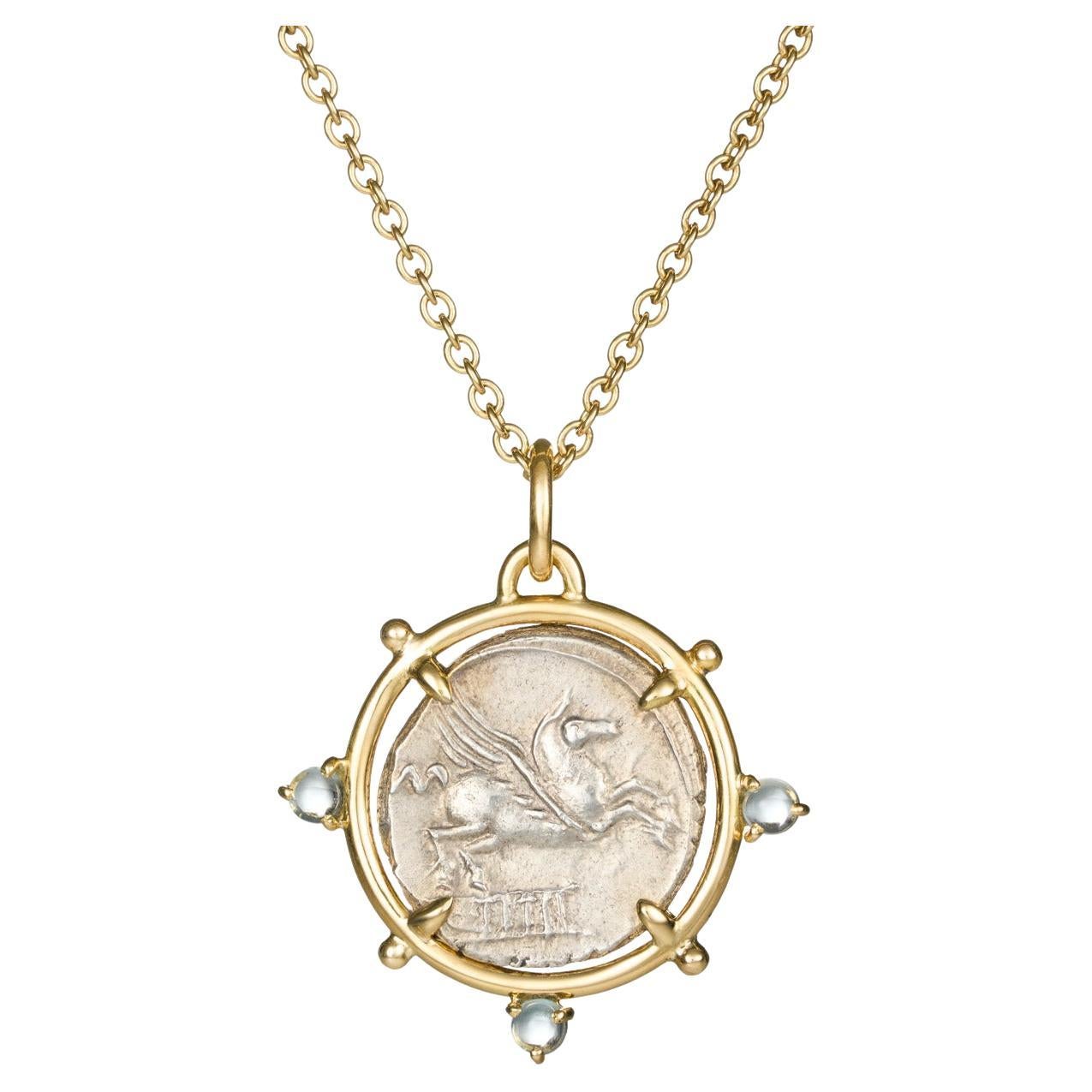 Dubini Pegasus Ancient Silver Coin Pendant Aquamarine 18 K Yellow Gold Necklace