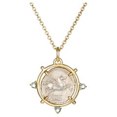Dubini Pegasus Ancient Silver Coin Pendant Aquamarine 18 K Yellow Gold Necklace