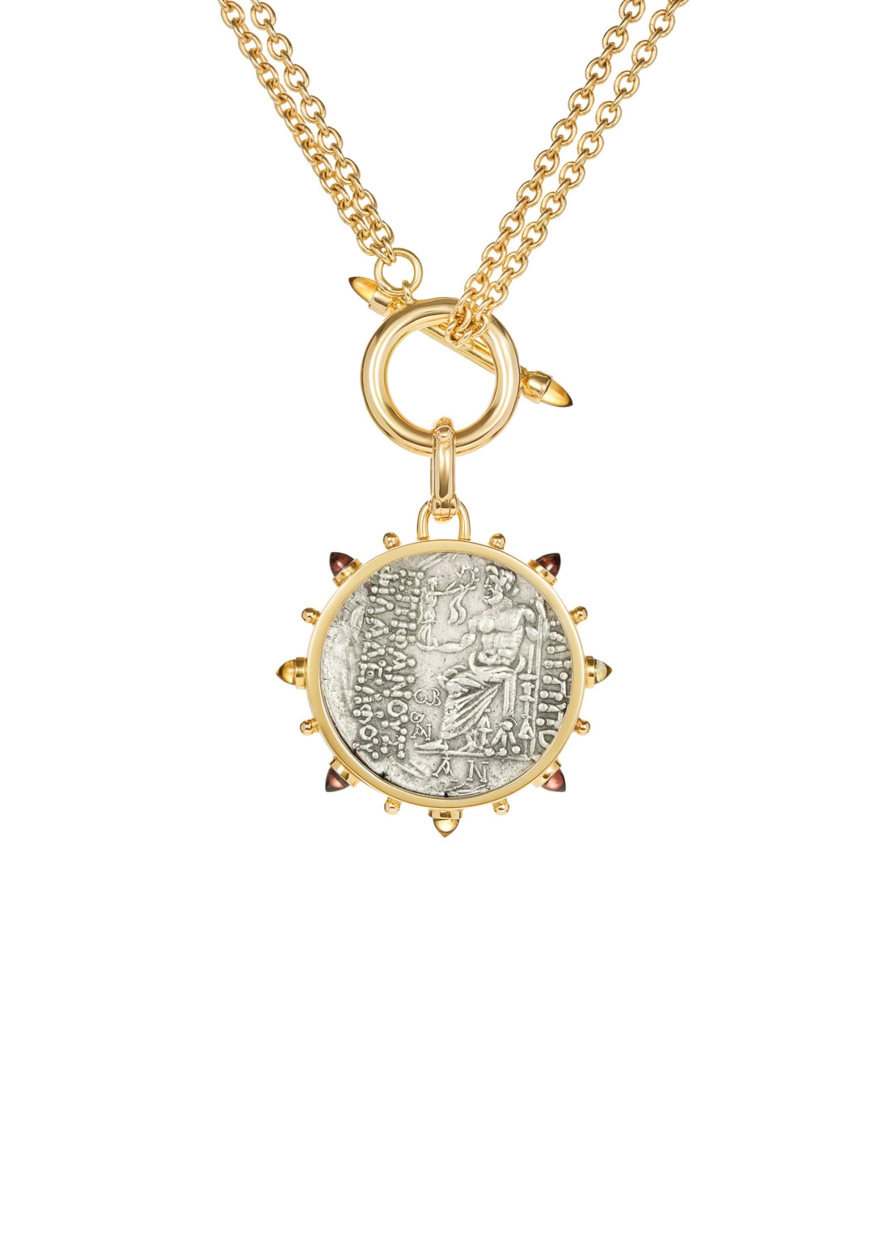 Classical Greek Dubini Philip I Ancient Silver Coin Medallion 18K Gold Toggle Necklace For Sale