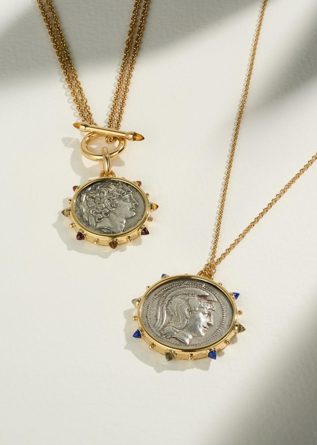 Cabochon Dubini Philip I Ancient Silver Coin Medallion 18K Gold Toggle Necklace For Sale