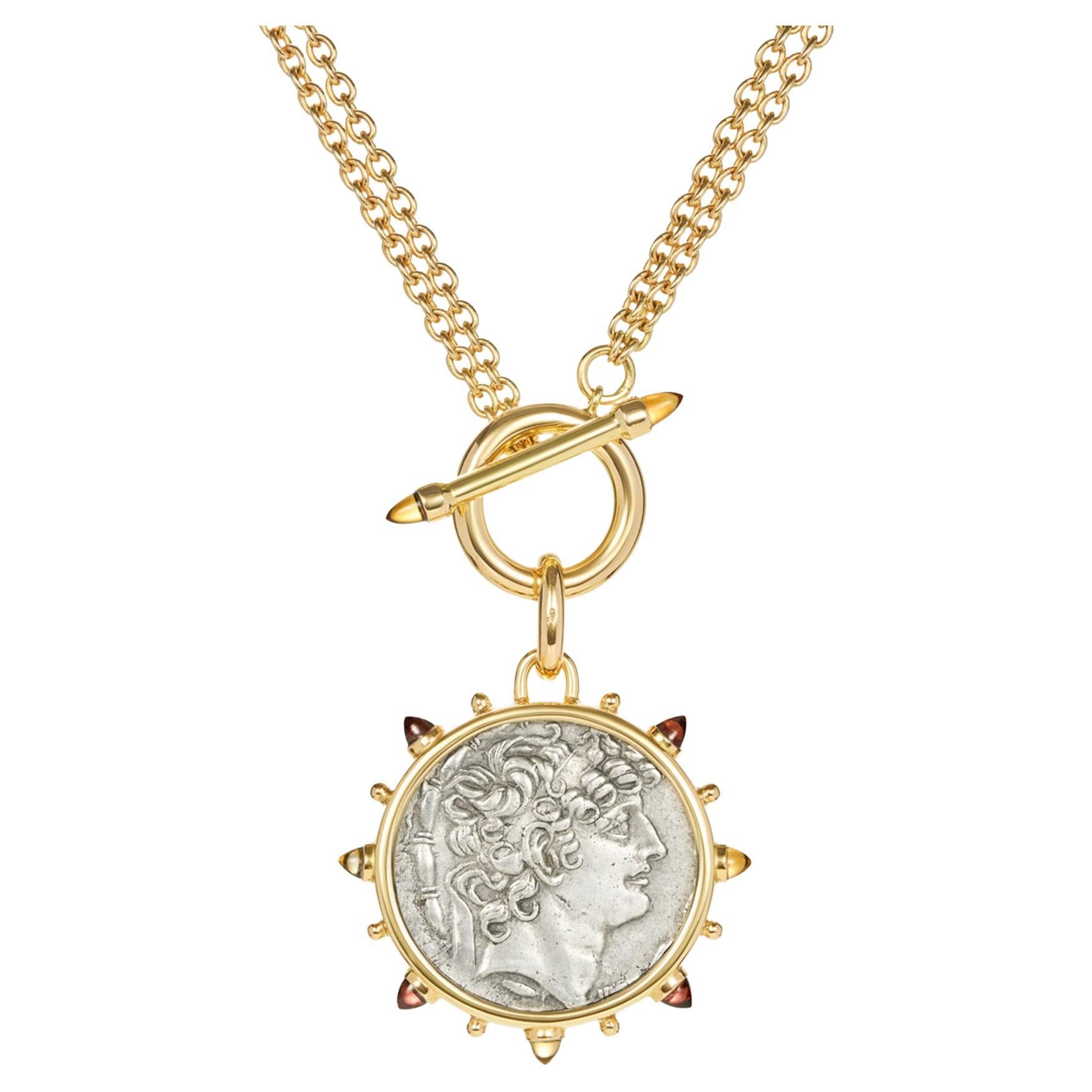 Dubini Philip I Ancient Silver Coin Medallion 18K Gold Toggle Necklace For Sale