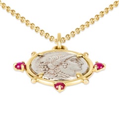 Dubini Pietas Goddess Ancient Roman Silver Coin Pendant 18K Yellow Gold Necklace