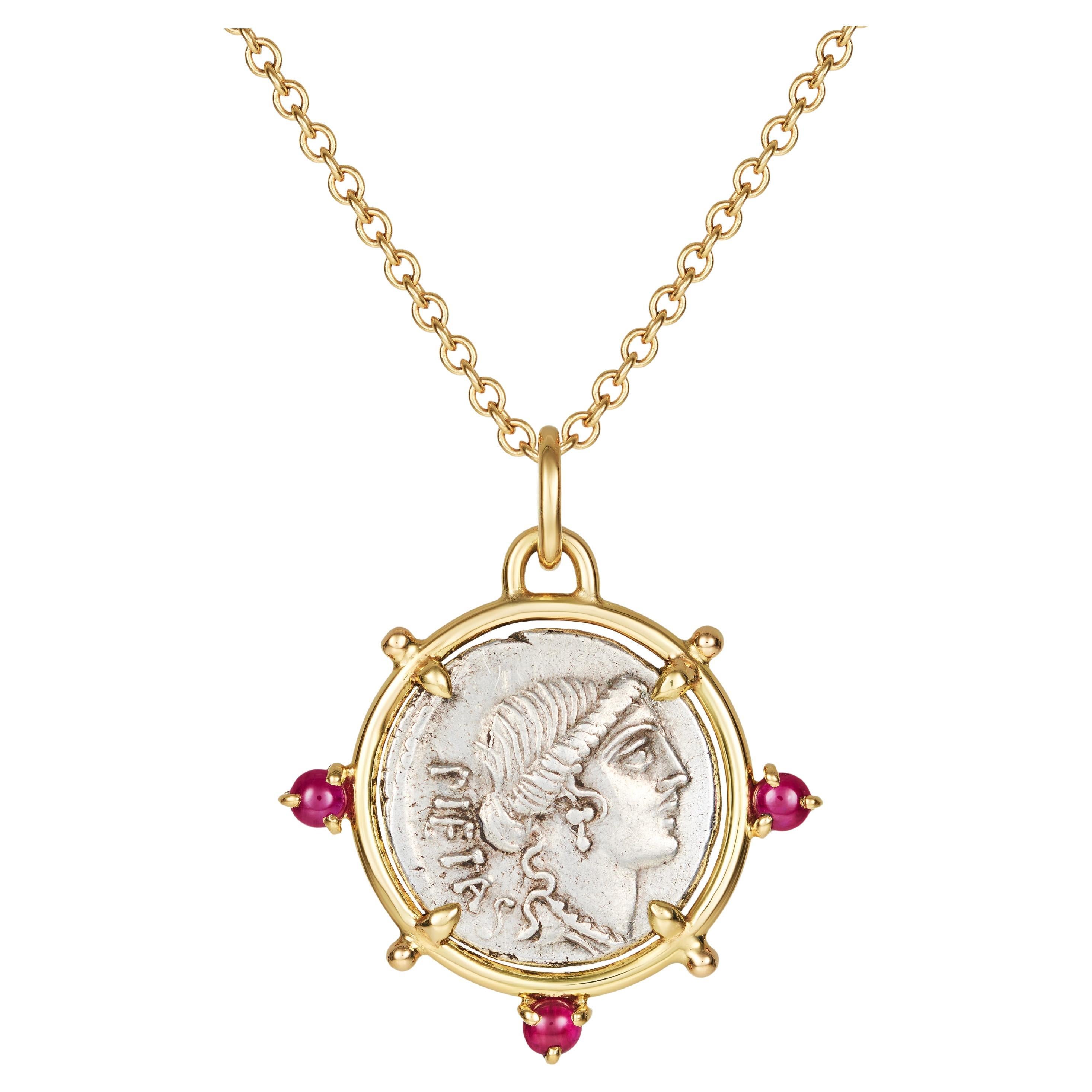 Dubini Pietas Goddess Ancient Roman Silver Coin Pendant 18K Yellow Gold Necklace