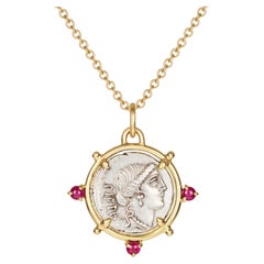 Dubini Pietas Goddess Ancient Roman Silver Coin Pendant 18K Yellow Gold Necklace
