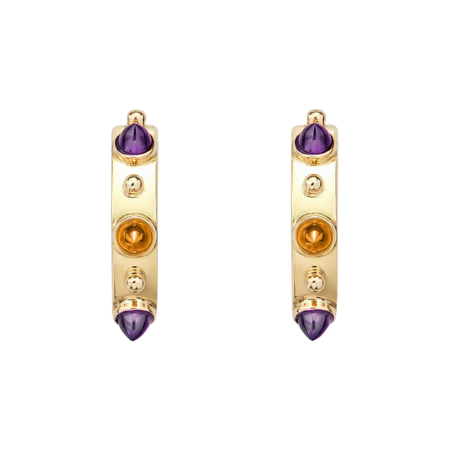 This DUBINI hoop earrings from the 'Empires' collection features our signature bullet garnet cabochons set in 18K yellow gold.

Please note that we offer a bespoke service. Should you wish to customise your piece by selecting from our range of