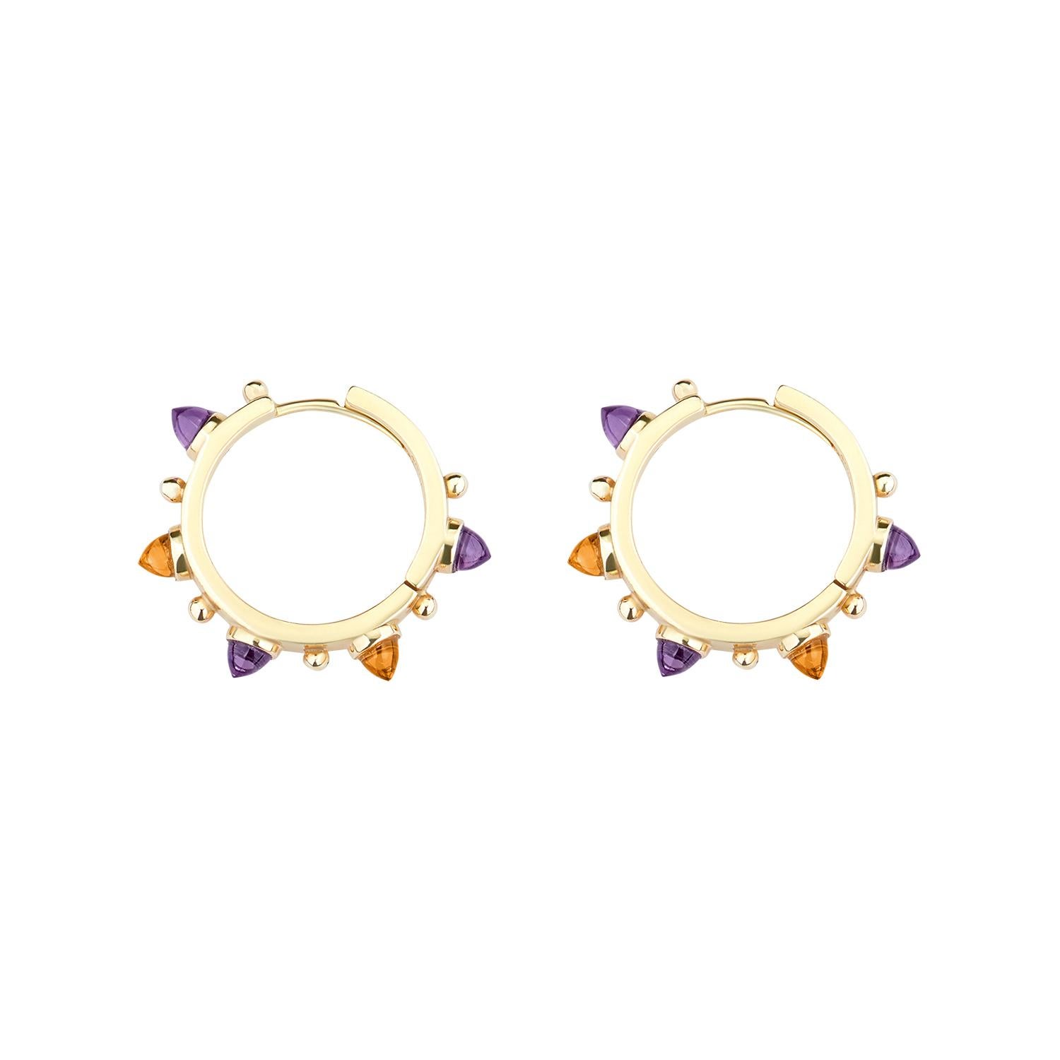 Modern Dubini Punta di Diamante Cabochon Amethyst Citrine Gold Small Hoop Earrings For Sale