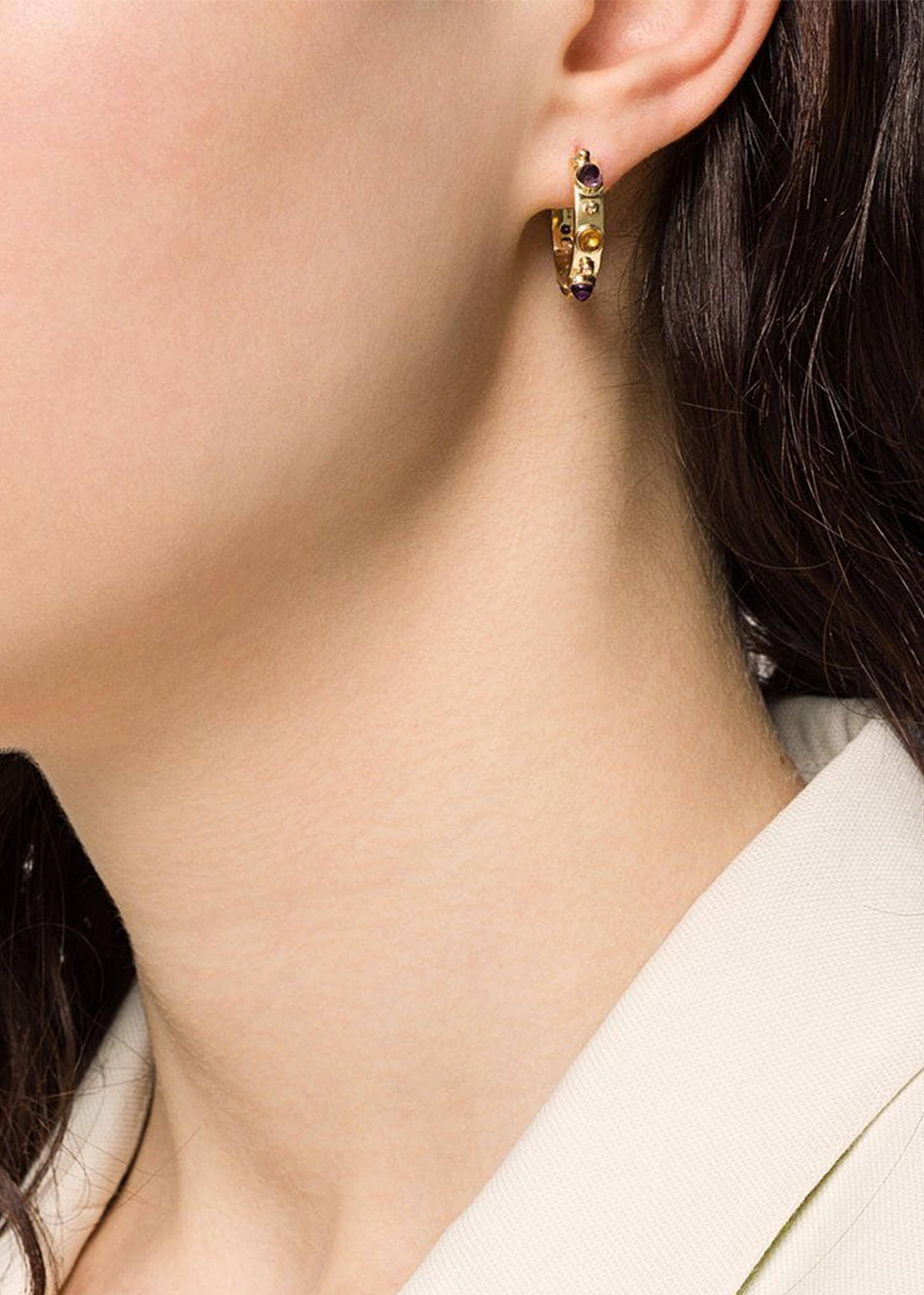 Dubini Punta di Diamante Cabochon Ametista Citrino Oro Piccoli Orecchini a cerchio In condizioni Nuovo in vendita a London, GB