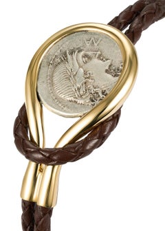 Dubini Roma Ancient Coin 18 Karat Yellow Gold Calfskin Braided Bracelet