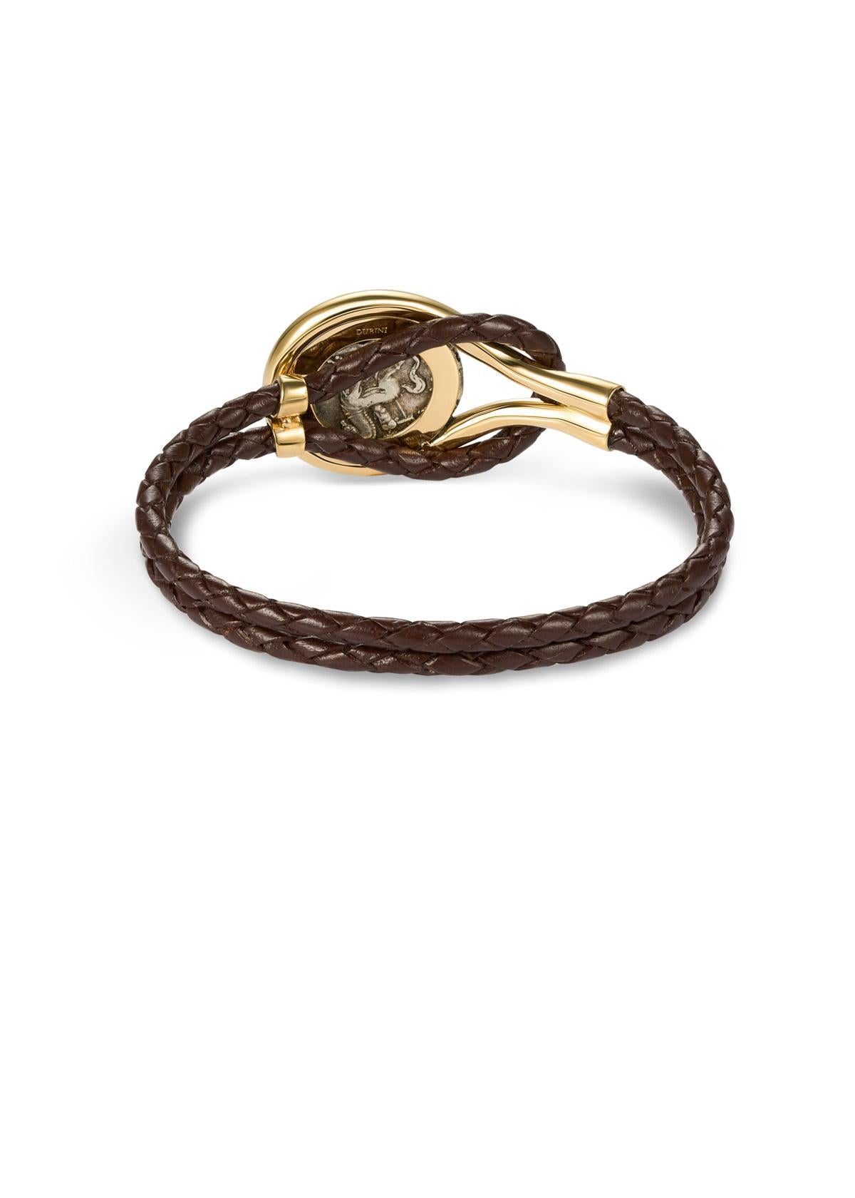 Dubini Roma Moneda Antigua Pulsera trenzada de piel de becerro de oro amarillo de 18 quilates Contemporáneo en venta