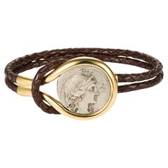Dubini Roma Ancient Coin 18 Karat Yellow Gold Calfskin Braided Bracelet Dubini Roma Ancient Coin 18 Karat Yellow Gold Calfskin Braided Bracelet