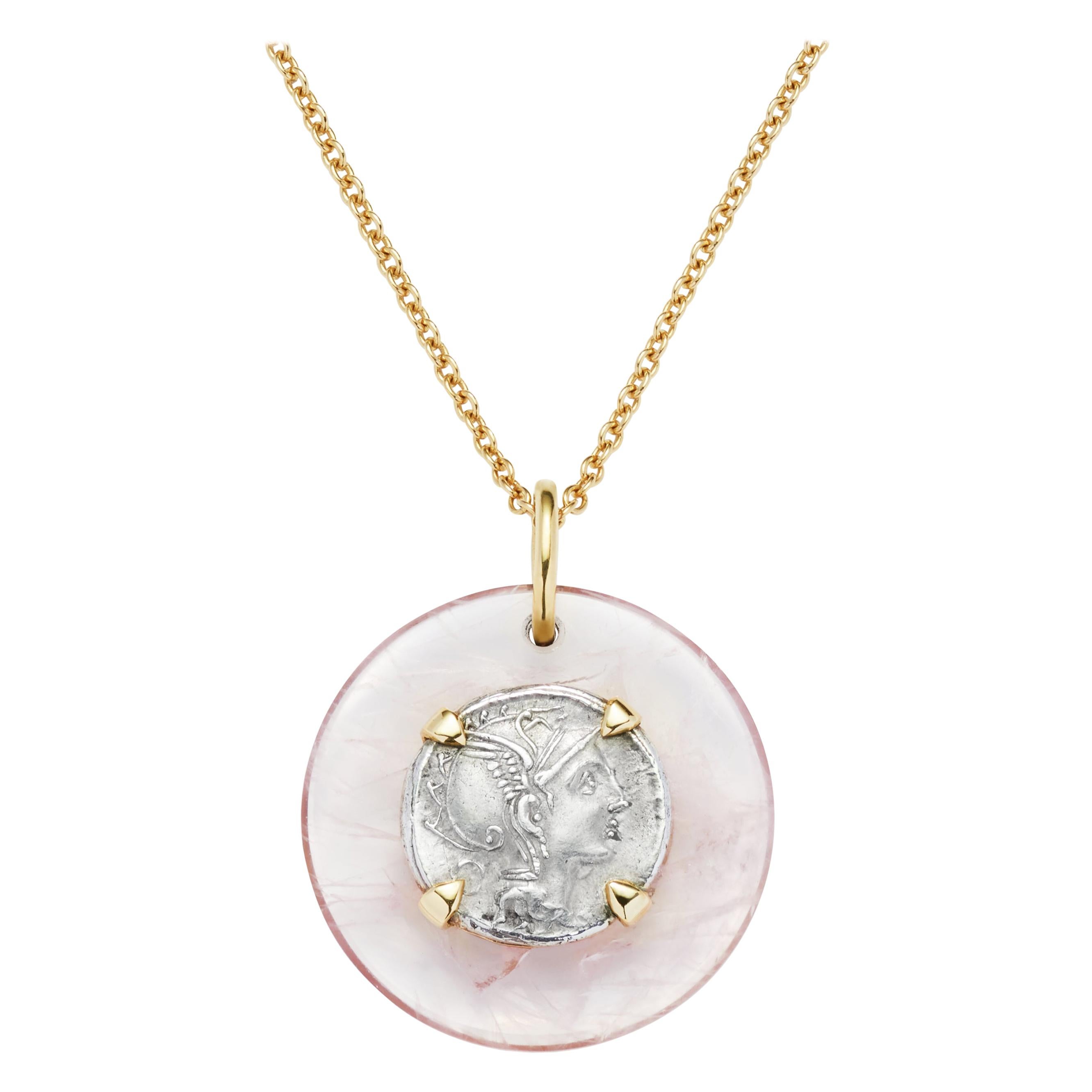 Dubini Roman Ancient Silver Coin Rose Quartz Medallion 18 Karat Gold Necklace For Sale