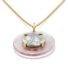 Dubini Roman Ancient Silver Coin Rose Quartz Medallion 18 Karat Gold Necklace
