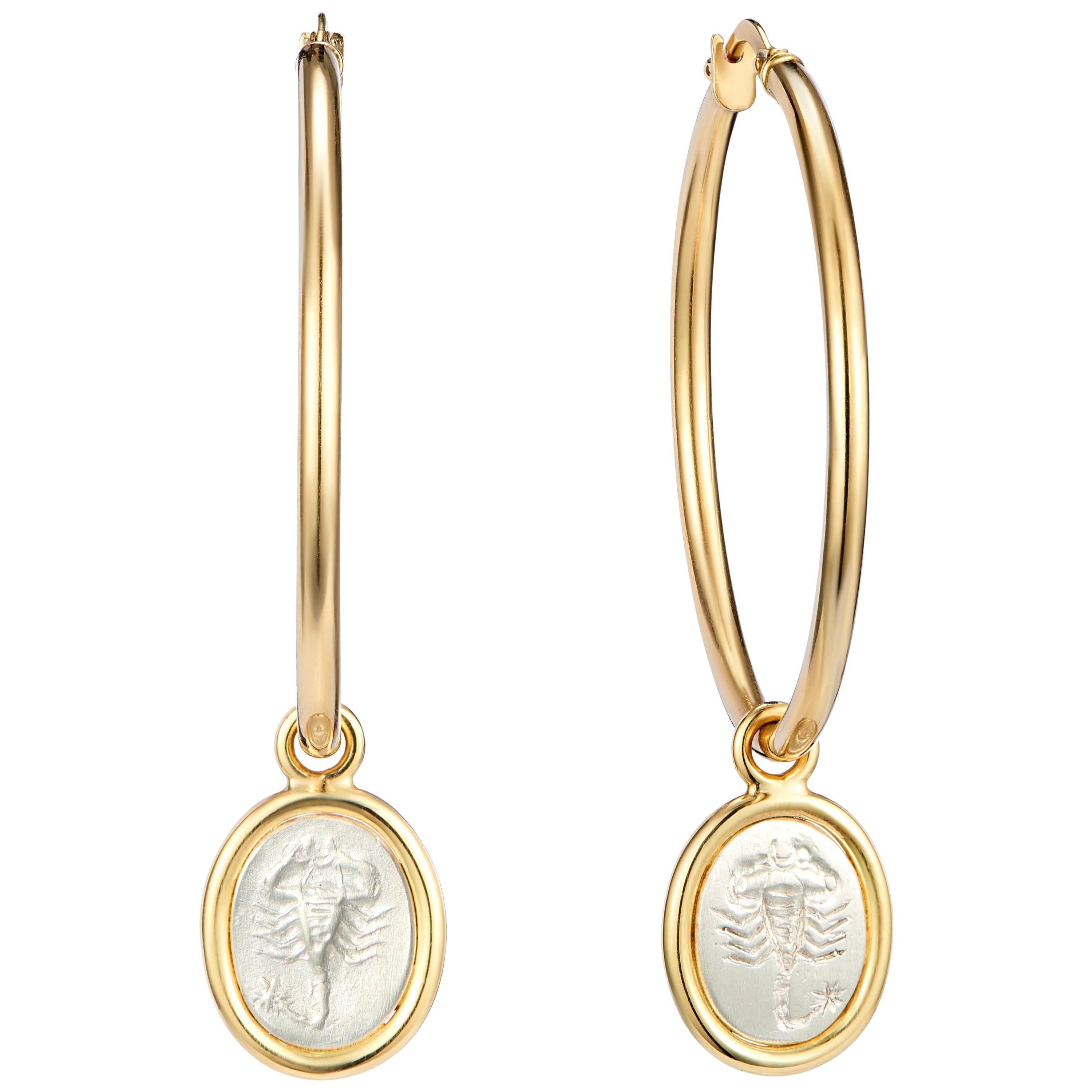 Dubini Scorpio Hoop Yellow Gold Silver Gnostic Gem Intaglio Earrings For Sale