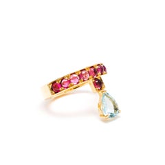 Dubini Theodora Aquamarine and Rubellite Tourmaline 18K Yellow Gold Ring