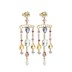 Dubini Theodora Aquamarine Moonstone Rubellite Diamond Gold Chandelier Earrings